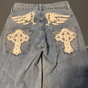 Disclosure Light Wash Wide Leg Jeans Wings Cross Rhinestone Y2K Size 00/23